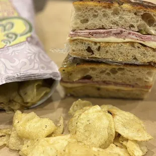 Todays special. Muffuletta sandwich with rosemary &amp; garlic chips
