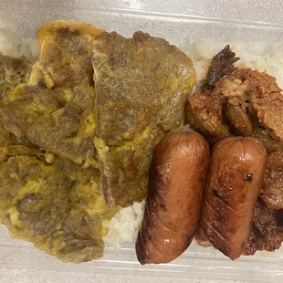 $7 bento for breakfast! Meat jun, hot dog and spicy potk. It's a nice spicy sauce - tinge sweetness!  They coat it in chicken nuggets.