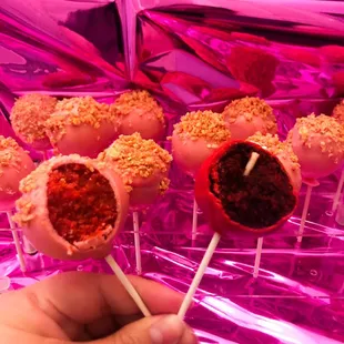 Strawberry crunch cake pops and red velvet cake pops