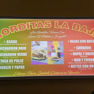 Menu of the Gorditas. Each gordita comes with beans and cheese, and then you can choose from 10 different varieties of Gorditas.