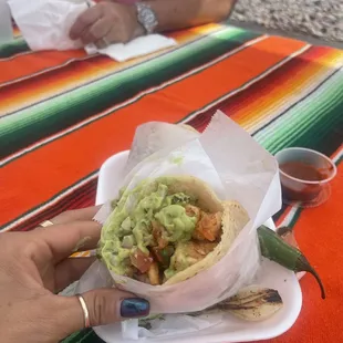 Shrimp, guacamole, rice, and beans gordita and cheese