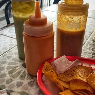 Three excellent salsas to choose from.  The little one is quite spicy !