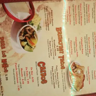 menu, tacos