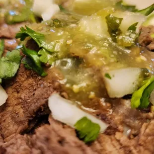 Added onions, cilantro &amp; tomatillo salsa to carne asada quesadilla (6/19/23)