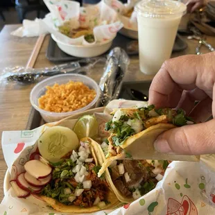 Delicious street tacos, rice, horchata