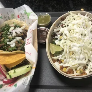 On the right is the burrito bowl, real Mex cheese