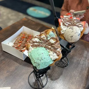 two waffles with ice cream and chocolate