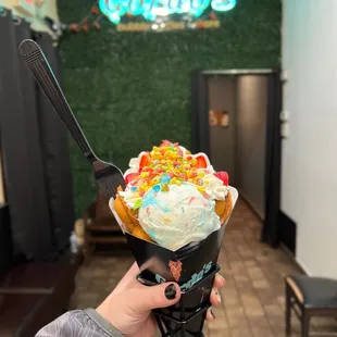 Fruity pebbles bubble waffle cone