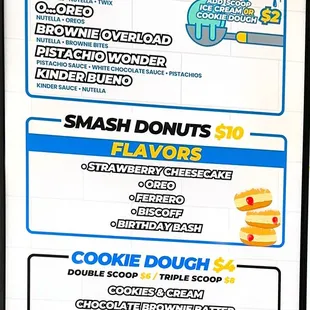 Bubble waffle sticks, smashed donuts and cookie dough menu