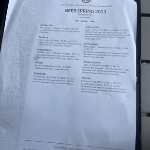 Beer menu