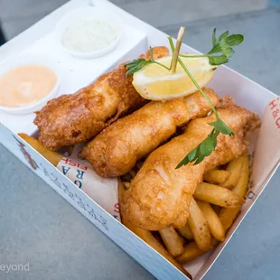 Fish and Chips with Sriracha Aioli and Gordon&apos;s Tartar
