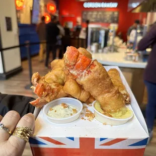 LOBSTER &amp; SHRIMP COMBO w/ Added FISH w/ GORDON SAUCE and CURRY MANGO .Fries w/ bacon , cheddar cheese , sour cream . YUMMY !!