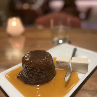 a chocolate dessert with caramel sauce
