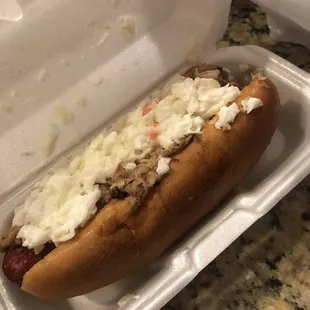 Deep fried hotdog (recommend) with pulled pork and coleslaw.