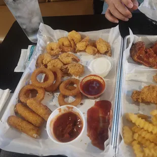 Onion rings shrimp mozzarella sticks