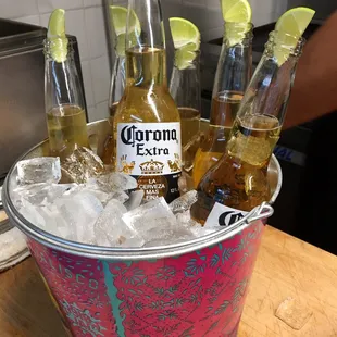 a bucket full of beer bottles