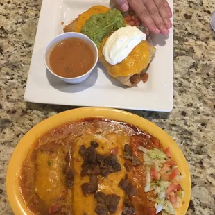 Cheese Enchilada, Chile Relleno, Bean Burrito combo plate; Chicken Chimichanga ala carte