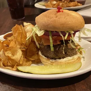 Blackened Burger and Saratoga Chips.