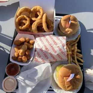 Curds, Onion Rings, Fries &amp; Burgers
