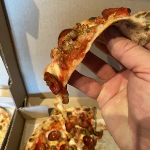 a hand holding a slice of pizza