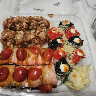 Top left: Godzilla Roll, bottom left: Valentino Roll, right: Redeye Roll