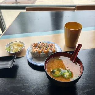 Spicy miso soup and Spicy Tuna Roll
