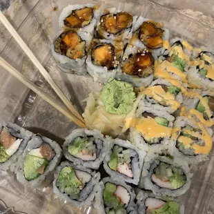 Philly roll, California roll, sweet potato roll and crunchy Spivey tuna roll!