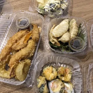 8 Piece French Roll (top), Tempura (left), 4 Piece Gyoza (right), 5 Piece Miami Roll (bottom).