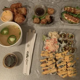 Coconut Shrimps, Fried Shumai, Bazooka Jalapeno, Spicy Miso Soup, Dynamite Roll, Unagi Q Roll, Spicy Tuna Roll, Crunchy Spicy Salmon Roll