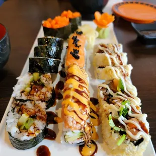 San Fran Roll, Tigger Roll, Masago, Shrimp Tempura roll, and Mini-Godzilla roll