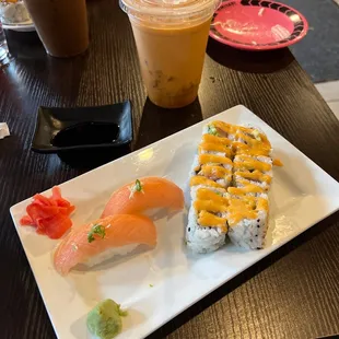 salmon sake nigiri, crunchy spicy salmon and thai iced tea