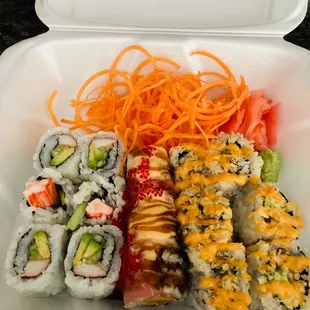 Left to Right: California Roll Spicy Trio Roll Crunchy Spicy Salmon Roll  Tiny in size.