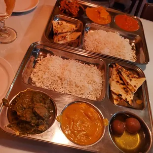 Butter chicken and chicken tikka masala (top), palak paneer (bottom)