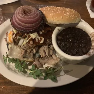 Blow-out Burger with beans and rice