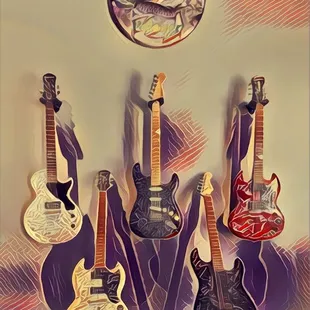 a group of guitars on display