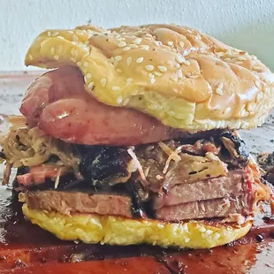Ultimate 3 meat Sandwich
Brisket-Pulled Pork-Sausage