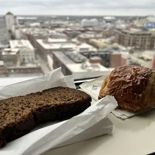 Banana bread and chocolate croissant