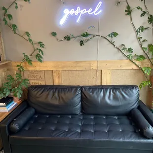 a black leather couch