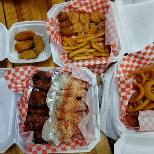 Jalapeno poppers, Onion rings, fried shrimp and wings (CPR &amp; Buss down)
