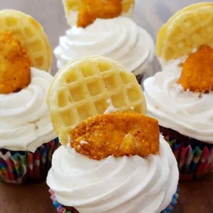 Red clucker! Red velvet cupcake,maple butter cream,chicken &amp; waffle.
