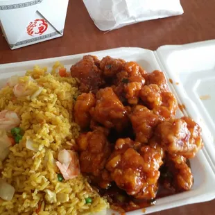 Half General Tsao, half shrimp fried rice.
