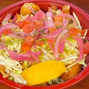 Fried fish and calamari salad