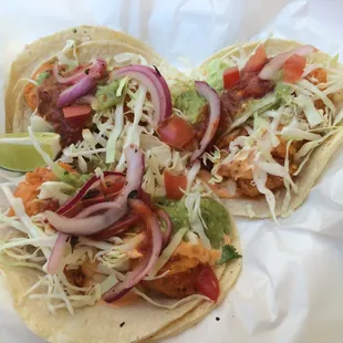 Shrimp tacos $8 for 3. Notice the extra tortilla for each taco!