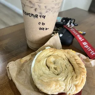 Horchata cold brew light ice with oat milk. Breakfast sandwich. So good