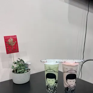 3/31/2023 honeydew milk tea boba &amp; strawberry milk tea boba (cute but not good; artificial tasting)