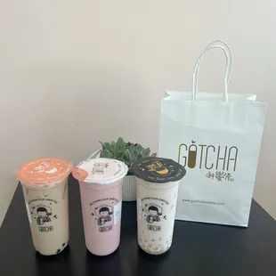 Signature milk tea, strawberry smoothie, strawberry yogurt
