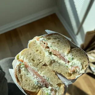 Lox bagel with scallion cream cheese. Bagel was hard and cold