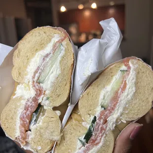 Lox &amp; cream cheese bagel with cucumbers