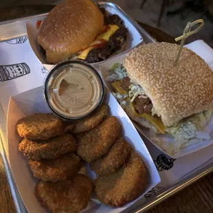 Burger, fish sandwich, fried pickles