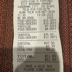 My actual receipt. She intentionally overcharged me of $12 that I didn't order.Be aware of what you are paying, examine your bill thoroughly